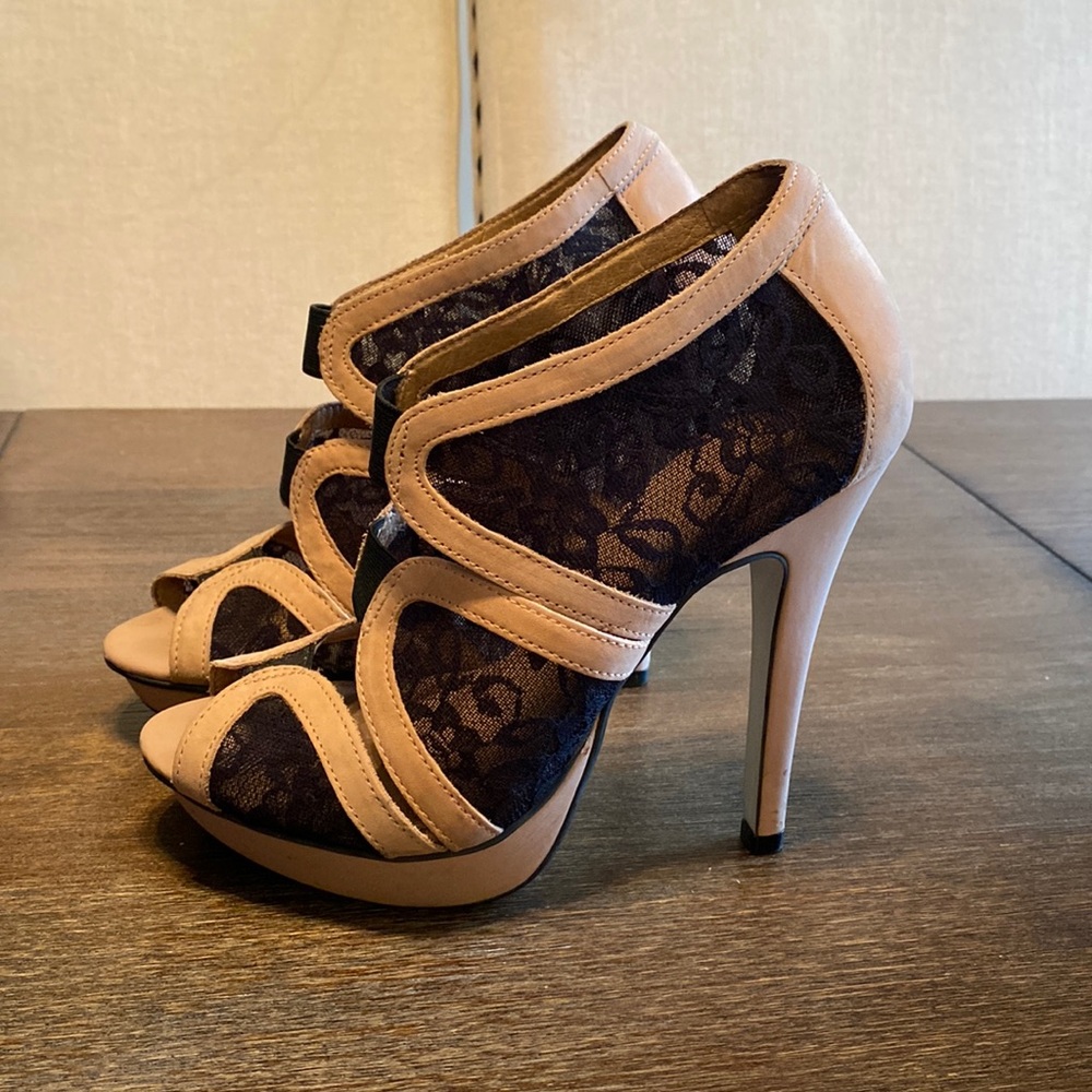 Topshop Dusty Rose Pink & Black Lace Stretch Heels